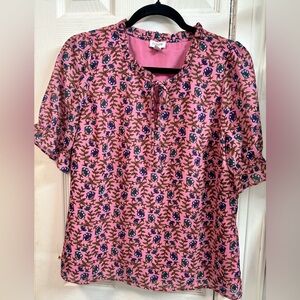 J. Crew Pink Floral Tie-Front Blouse with Blue Accents